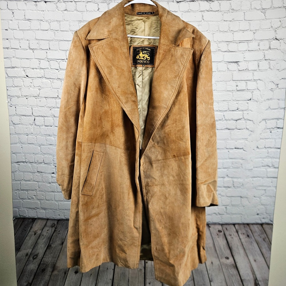 Induyco Vintage Suede Leather Trench Coat Mens 46R Made in Spain Camel Tan